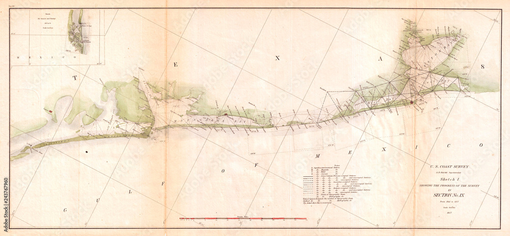 1857, U.S. Coast Survey Triangulation Map of Matagorda Bay to Galveston Bay, Texas
