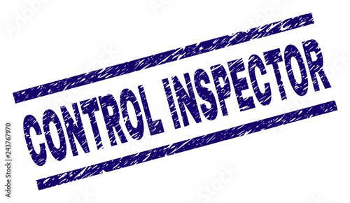 CONTROL INSPECTOR seal print with distress style. Blue vector rubber print of CONTROL INSPECTOR title with corroded texture. Text title is placed between parallel lines.