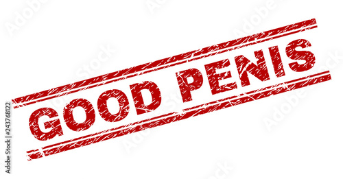 GOOD PENIS seal print with distress texture. Red vector rubber print of GOOD PENIS text with scratched texture. Text caption is placed between double parallel lines.