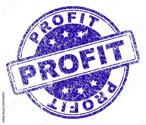 PROFIT stamp seal imprint with distress texture. Designed with rounded rectangles and circles. Blue vector rubber print of PROFIT label with retro texture.