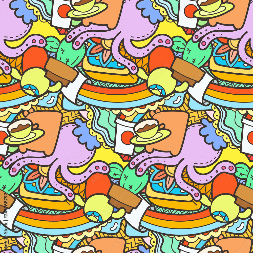 Funny doodle monsters on seamless pattern for prints, designs and coloring books