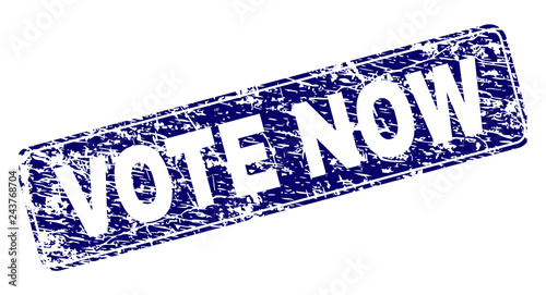 VOTE NOW stamp seal print with grunge texture. Seal shape is a rounded rectangle with frame. Blue vector rubber print of VOTE NOW caption with unclean texture.