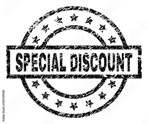 SPECIAL DISCOUNT stamp seal watermark with distress style. Designed with rectangle, circles and stars. Black vector rubber print of SPECIAL DISCOUNT title with unclean texture.