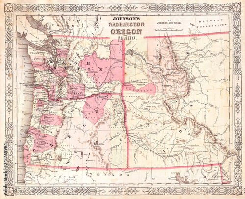 1864  Johnson Map of Washington  Oregon and Idaho  Wyoming and Montana
