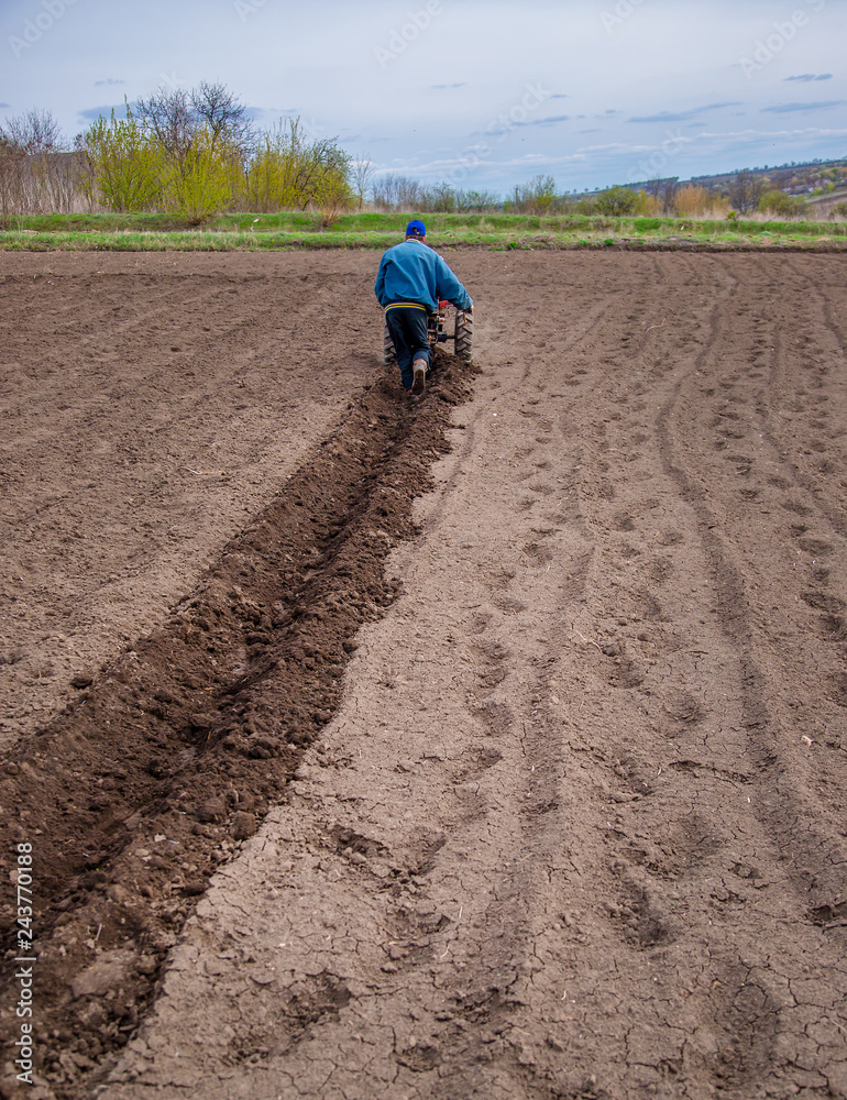 Man using a cultivator in a field on a farm, before planting potatoes. Man using a cultivator in a field on a farm, before planting potatoes.