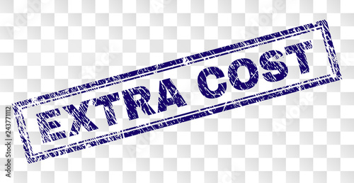 EXTRA COST stamp seal watermark with rubber print style and double framed rectangle shape. Stamp is placed on a transparent background. Blue vector rubber print of EXTRA COST tag with retro texture.