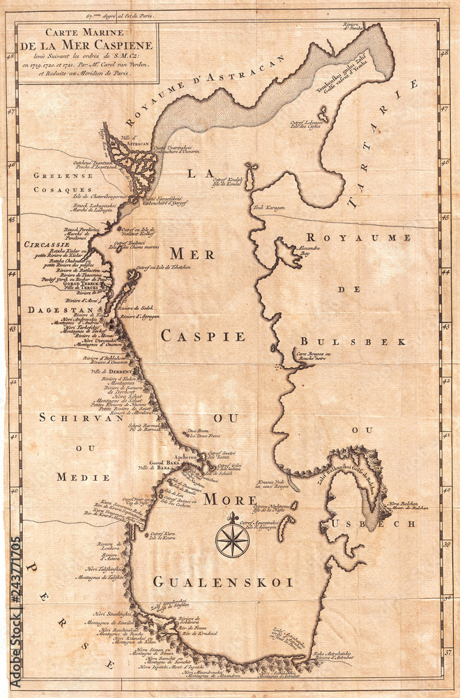 1730, Van Verden Map of the Caspian Sea 1730, Van Verden Map of the Caspian Sea