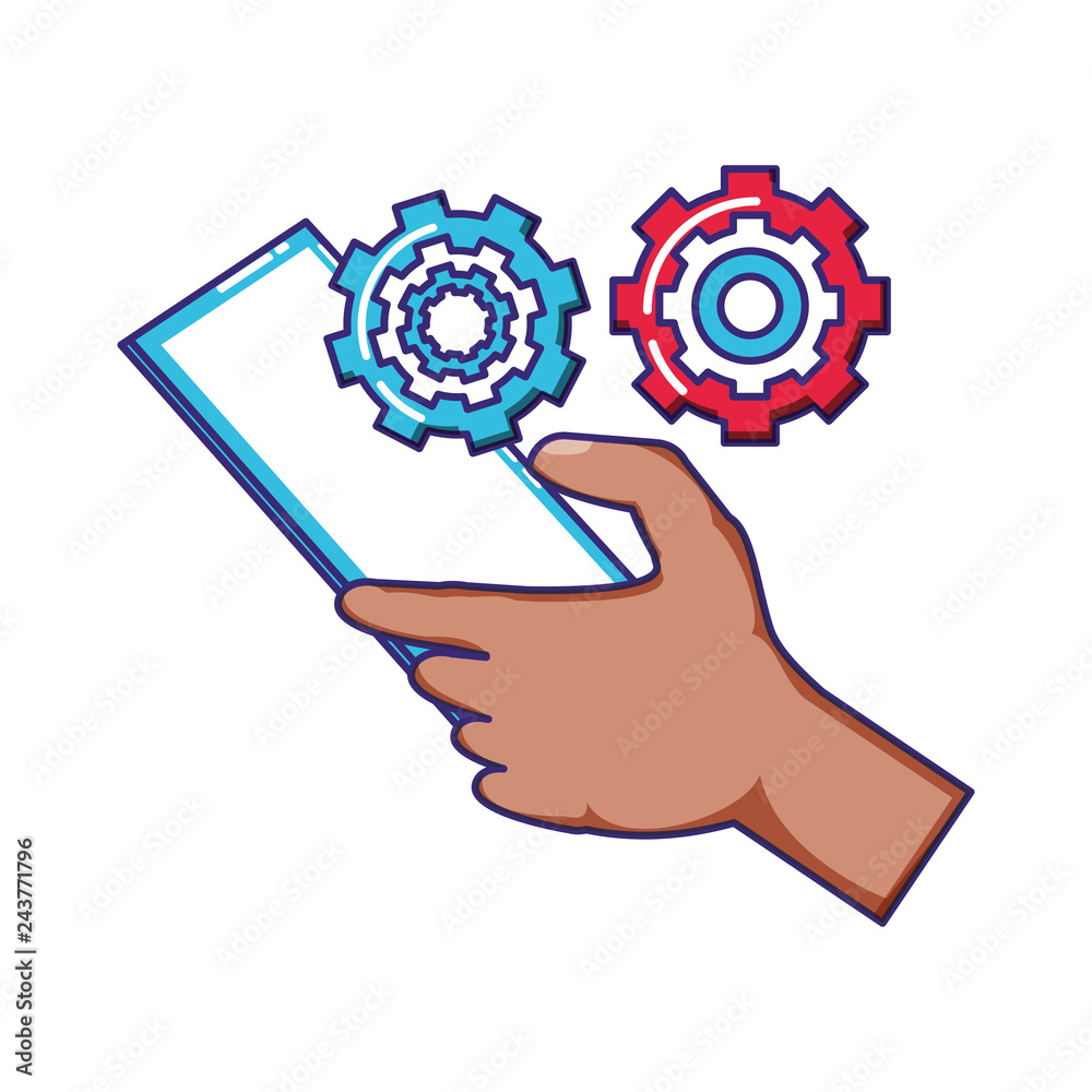 hand using smartphone with gear settings hand using smartphone with gear settings