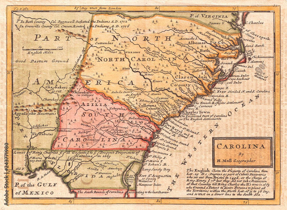 Obraz premium 1746, Herman Moll Map of Carolina