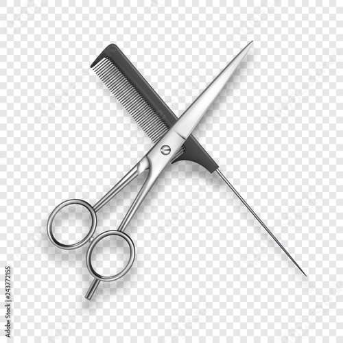 Vector Realistic 3d Classic Simple Scissors and Black Plastic Hairdresser s Comb Icon for Salon, Barbershop, Mock-up Closeup Isolated on White. Design Template of Hair Comb for Mockup. Top View