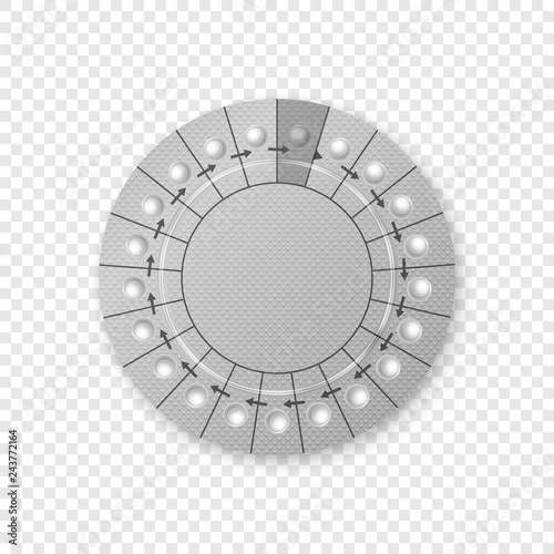 Vector Realistic Packaging of Birth Control Pills in Blister Closeup Isolated. Contraceptive Pill, Hormonal Tablets. Design Template of Women Drugs for Mockup. Planning Pregnancy. Top View