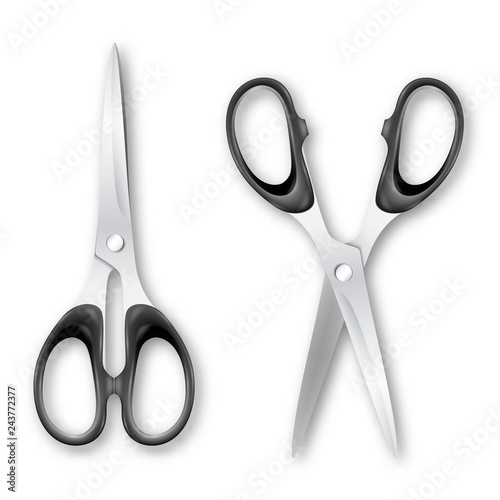 Vector 3d Realistic Metal Closed and Opened Stationery Scissors with Plastic Handles Icon Set Closeup Isolated on White Background. Design Template of Classic Scissors for Graphics, Mockup. Top View