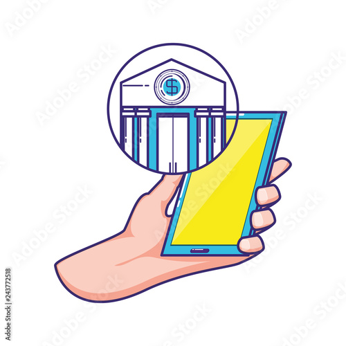 hand using smartphone with bank building