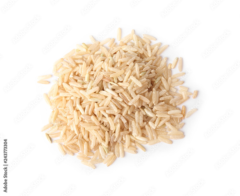 Uncooked brown rice on white background, top view - obrazy, fototapety, plakaty 