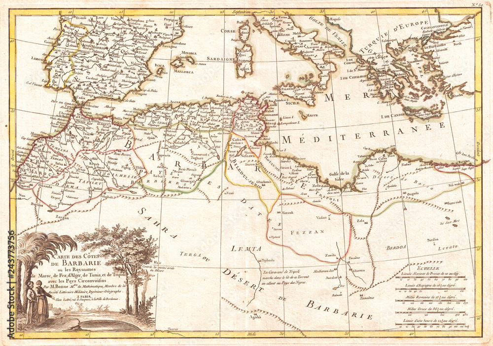 1771, Bonne Map of the Mediterranean and the Maghreb or Barbary Coast, Rigobert Bonne 1727 – 1794, one of the most important cartographers of the late 18th century