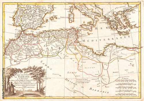 1771, Bonne Map of the Mediterranean and the Maghreb or Barbary Coast, Rigobert Bonne 1727 – 1794, one of the most important cartographers of the late 18th century