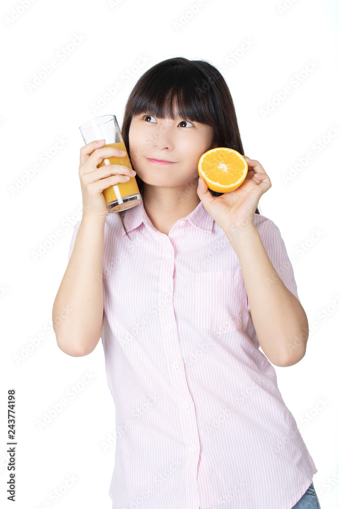 Chinese woman drinking orange juice isolated on white background Chinese woman drinking orange juice isolated on white background