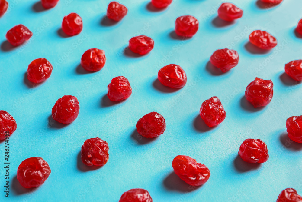 Fototapeta premium Cherries on color background. Dried fruit as healthy snack