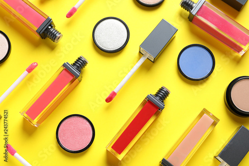 Composition with lipsticks on color background, flat lay