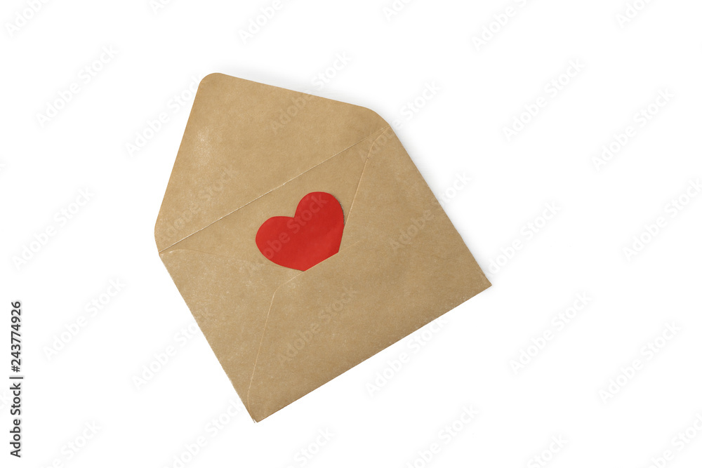Isolated craft envelope with red paper heart Isolated craft envelope with red paper heart