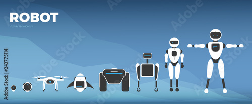 Modern robotic set vector illustration with stylish robot, drone, autonomous vehicle, flying car