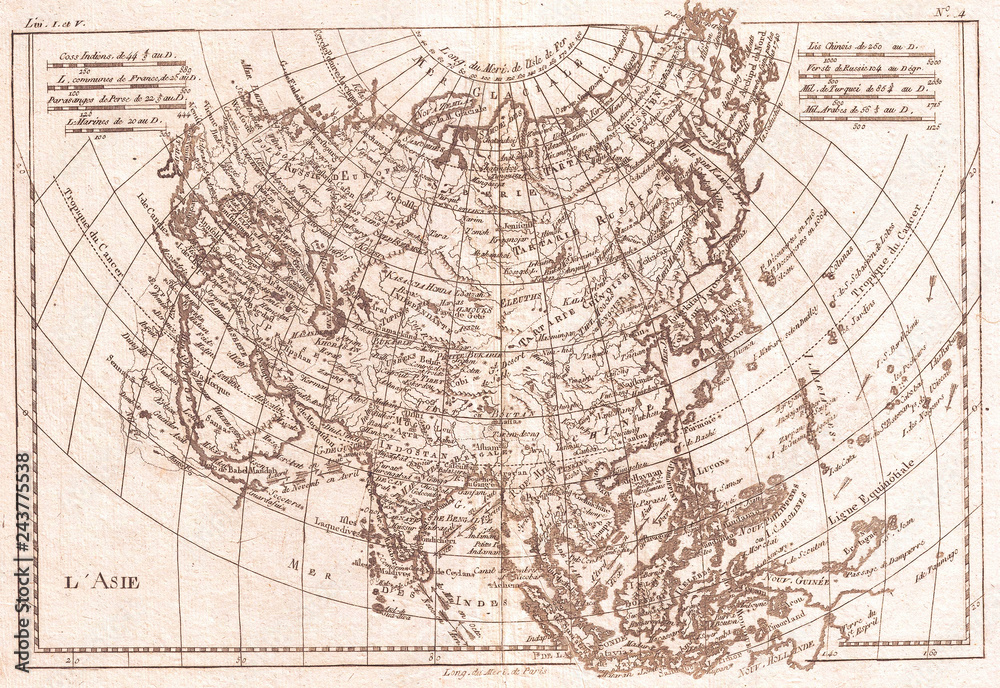 Fototapeta premium 1780, Raynal and Bonne Map of Asia, Rigobert Bonne 1727 – 1794, one of the most important cartographers of the late 18th century