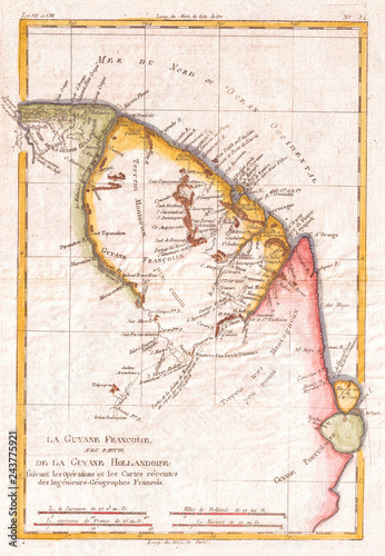 1780, Raynal and Bonne Map of Guyana and Surinam, Rigobert Bonne 1727 – 1794, one of the most important cartographers of the late 18th century © PicturePast