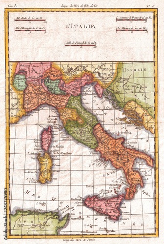 1780, Raynal and Bonne Map of Italy, Rigobert Bonne 1727 – 1794, one of the most important cartographers of the late 18th century