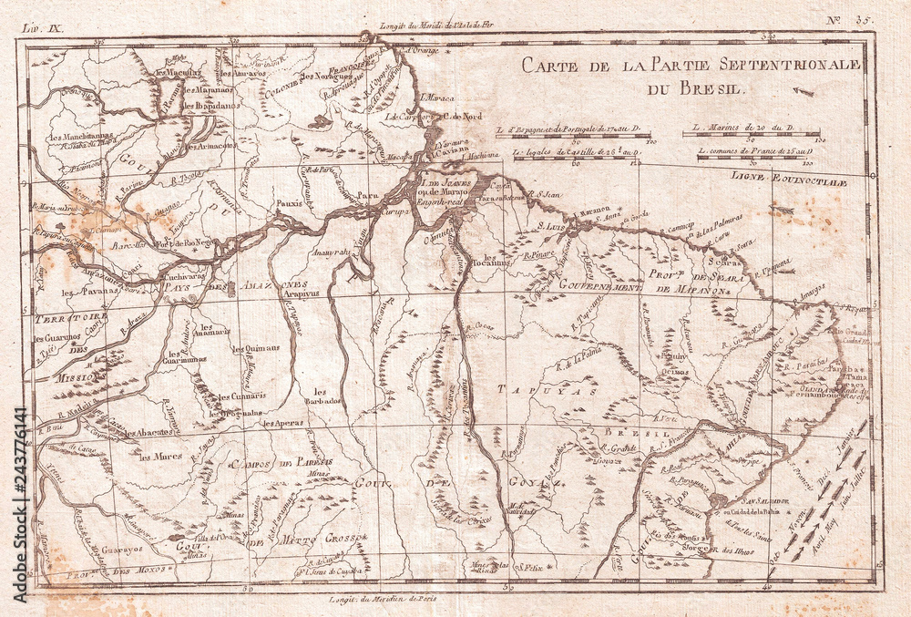 1780, Raynal and Bonne Map of Northern Brazil, Rigobert Bonne 1727 – 1794, one of the most important cartographers of the late 18th century