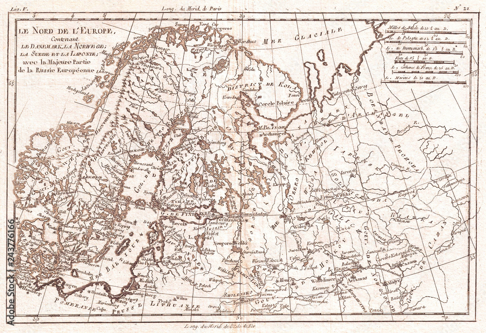 1780, Raynal and Bonne Map of Northern Europe and European Russia, Rigobert Bonne 1727 – 1794, one of the most important cartographers of the late 18th century