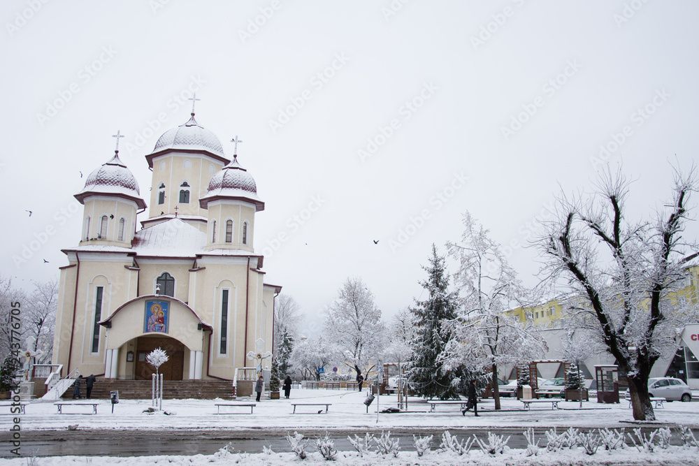 Romania,Bistrita, winter landscape 2017 - The Square and St. Anne's Church