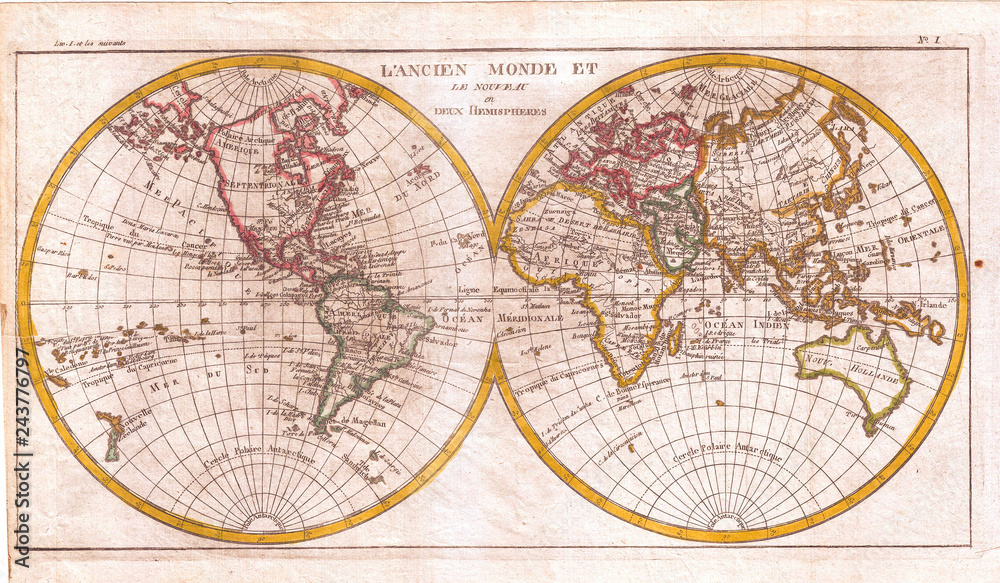 1780, Raynal and Bonne Map of the Two Hemispheres, Rigobert Bonne 1727 – 1794, one of the most important cartographers of the late 18th century