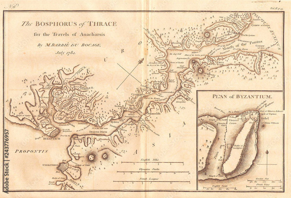 1784, Bocage Map of The Bosphorus and the City of Byzantium, Istanbul, Constantinople