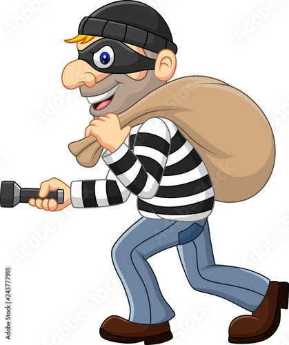 Cartoon Thief walking and carrying a bag with flashlight