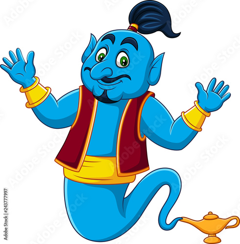 Foto Cartoon Genie coming out of gold magic lamp