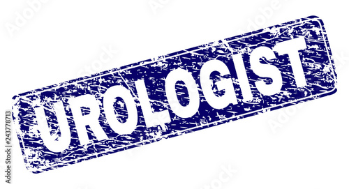 UROLOGIST stamp seal print with distress texture. Seal shape is a rounded rectangle with frame. Blue vector rubber print of UROLOGIST label with corroded texture.