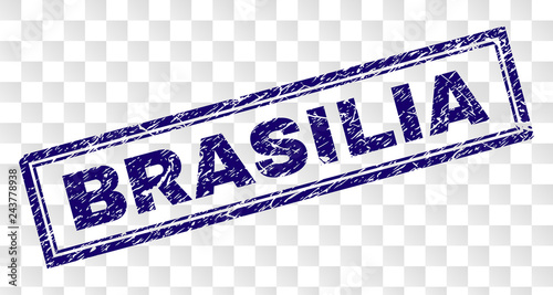 BRASILIA stamp seal print with rubber print style and double framed rectangle shape. Stamp is placed on a transparent background. Blue vector rubber print of BRASILIA caption with unclean texture.