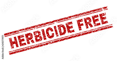 HERBICIDE FREE seal print with grunge texture. Red vector rubber print of HERBICIDE FREE label with corroded texture. Text label is placed between double parallel lines.