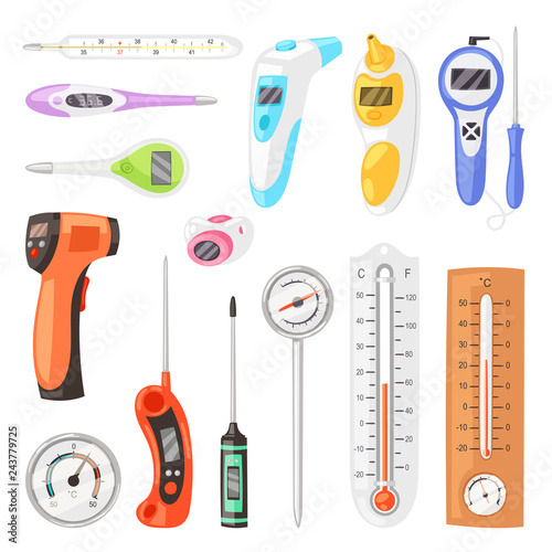 Thermometer vector tempering measurement celsius fahrenheit scale cold hot weather illustration set of tempered meteorology or medical equipment measuring temperature isolated on white background