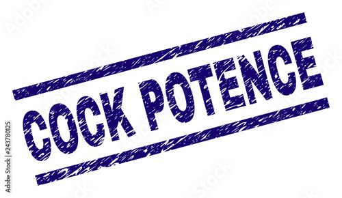 COCK POTENCE seal print with scratced style. Blue vector rubber print of COCK POTENCE text with scratched texture. Text label is placed between parallel lines.