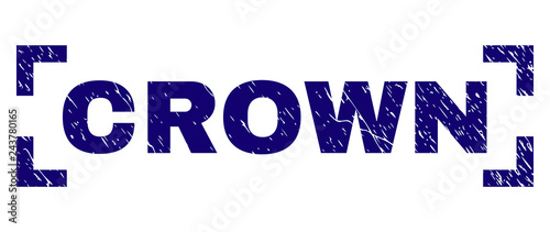 CROWN text seal stamp with corroded texture. Text title is placed between corners. Blue vector rubber print of CROWN with unclean texture.