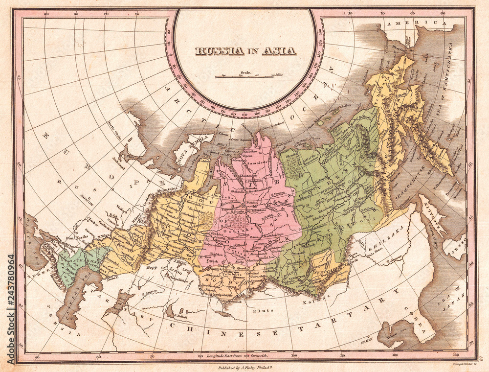 1827, Finley Map of Russia in Asia, Anthony Finley mapmaker of the United States in the 19th century