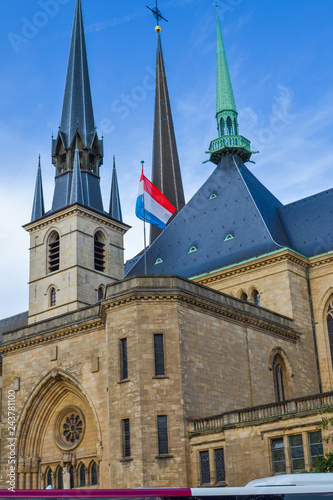 Vertical picture of the Notre-Dame Cathedral (Cathedral of Our Lady, Kathedral Notre-Dame or Cathédrale Notre-Dame) in Luxembourg City, Luxembourg photo