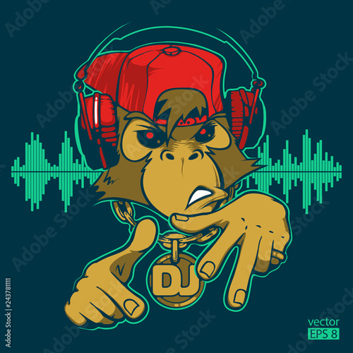 Monkey rapper. Monkey DJ. Hand drawn vector illustration. Can be used for creating logo, posters, flyers, emblem, prints, web