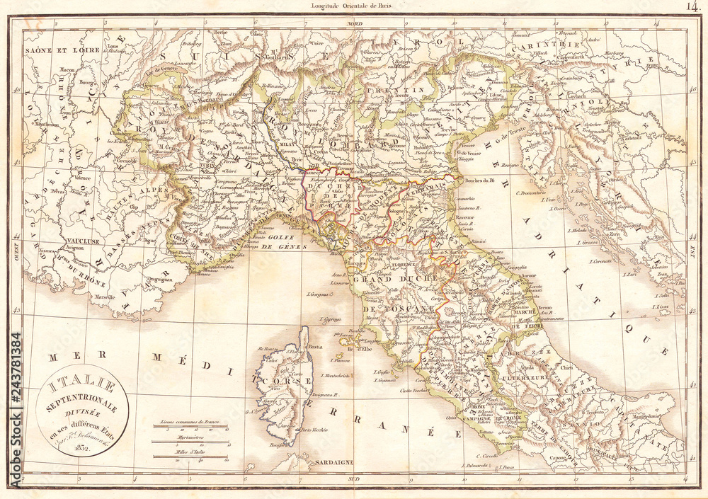Naklejka premium 1832, Delamarche Map of Northern Italy and Corsica