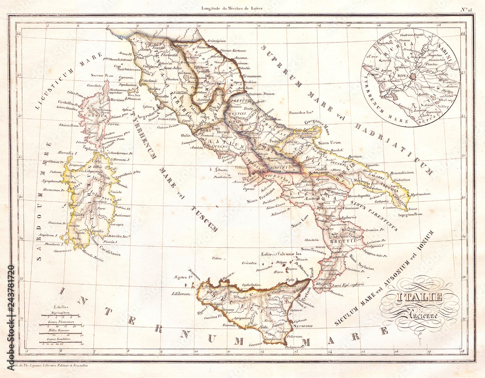 1837, Malte-Brun Map of Italy in Ancient Roman Times