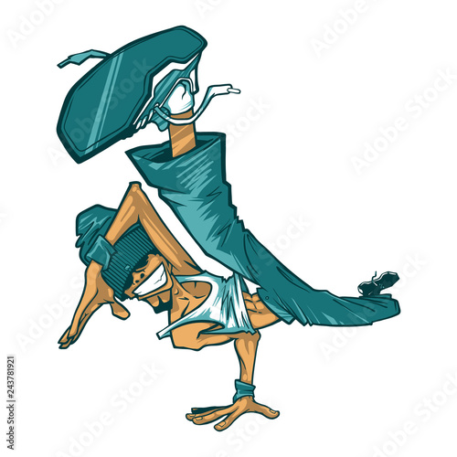 Break dancer in dynamic pose. Hand drawn lineart vector illustration. Hip hop break dance. Can be used for creating logo, posters, flyers, emblem, prints, web