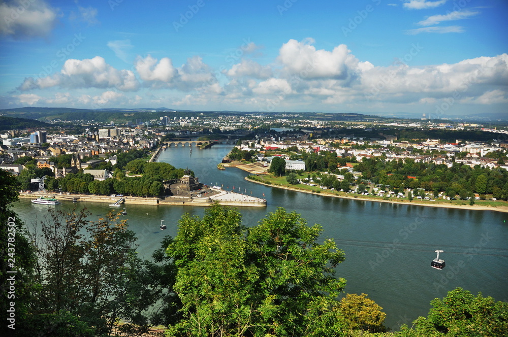 Fototapeta premium View from Fortress Ehrenbreitstein in Koblenz- Germany -Deutsches Ecke (German Corner) in Koblenz, Germany 2016.