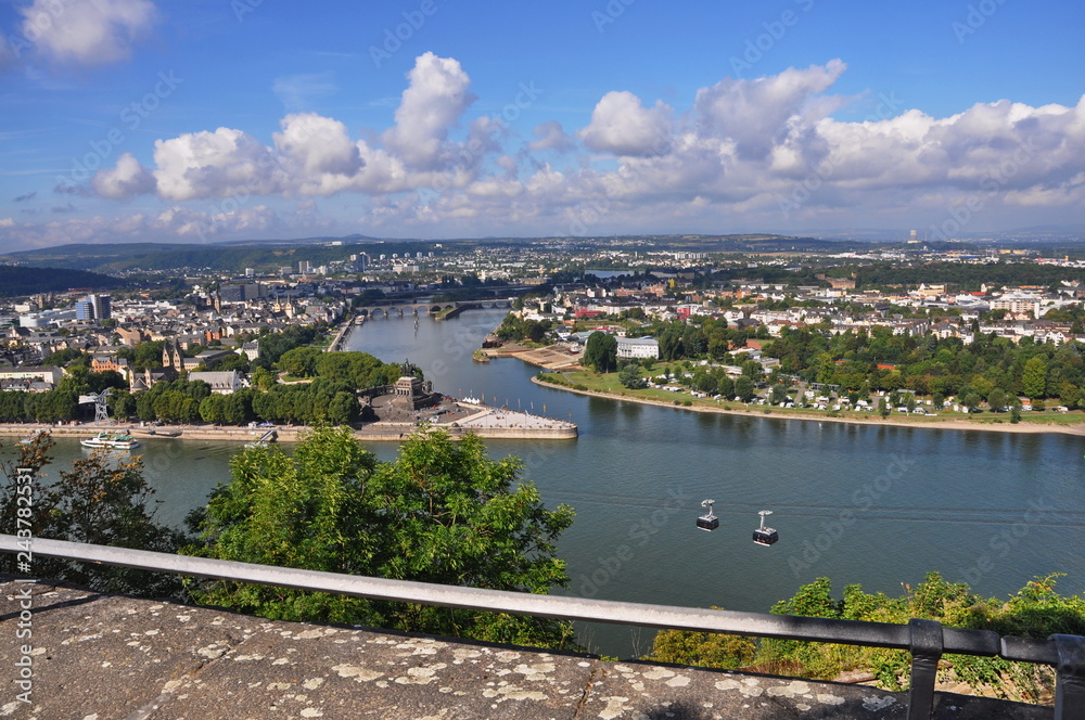 View from Fortress Ehrenbreitstein in Koblenz- Germany -Deutsches Ecke (German Corner) in Koblenz, Germany 2016.