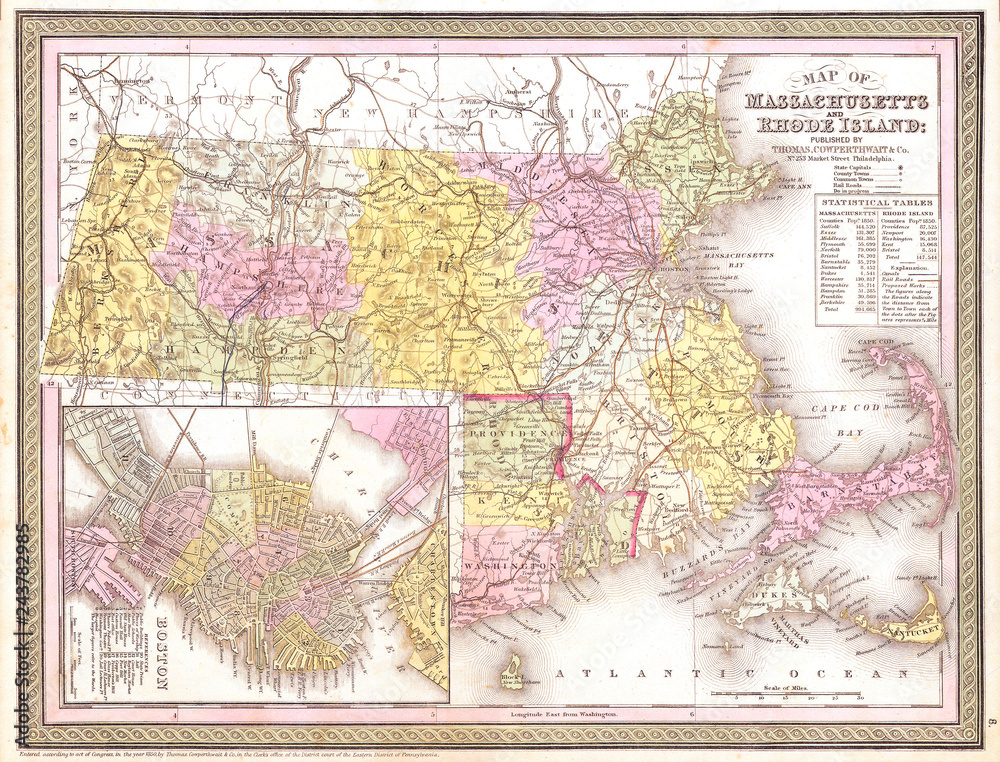 Naklejka premium 1850, Cowperthwait, Mitchell Map of Massachusetts and Rhode Island